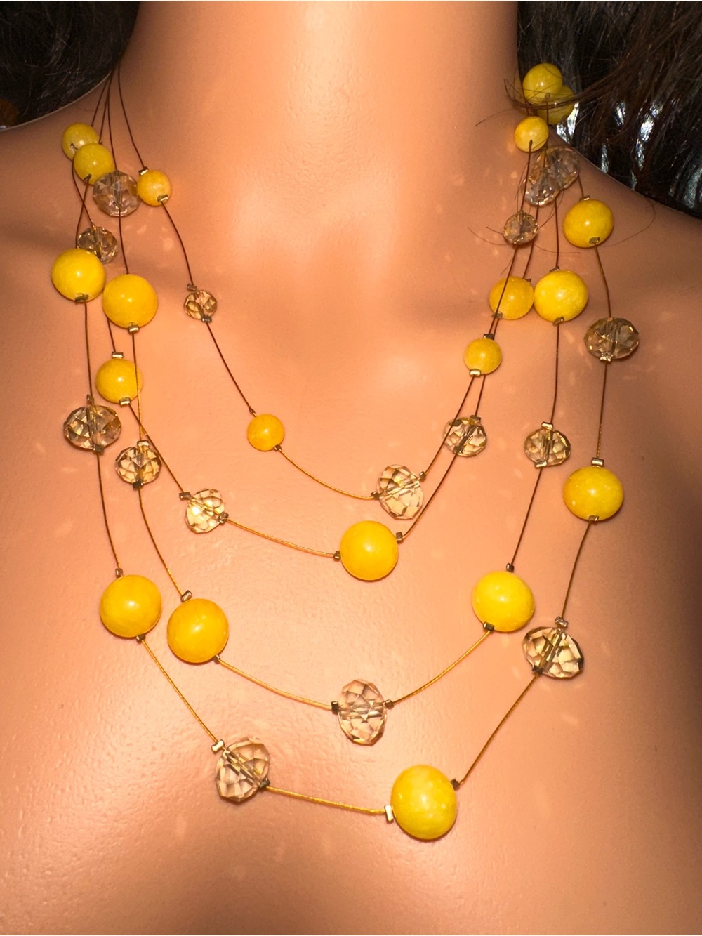 Erica Lyons Layered Yellow Bead Necklace with Clear Faceted Accents